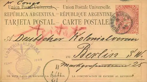 1886, 6 C. stationery card from BUENOS AIRES "via Condo" to Berlin.
