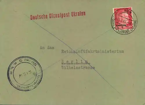 1943, Deutsche Dienstpost Ukraine ab KIEW an das Reichsluftfahrtministerium in Berlin
