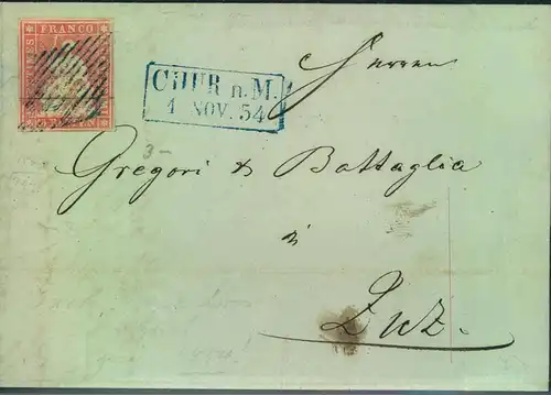 1854, 15 Rp Strubel karminrosa, Münchener Fruck auf Faltbrief ab CHUR (Michel 15 Ib, Zumstein 24 A)