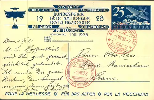 1928, 25 Rp Flugpost Ganzsachenkarte gelaufen, Abb. Großmutter m. Enkel