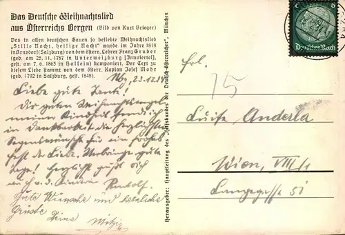 1934, Postkarte "Das deutsche Weihnachtslied aus Österreichs Bergen"