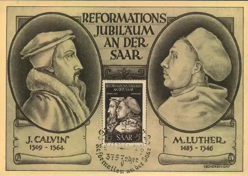 1951, 275 Jubiläum Reformation Calvin/Lther (Saar Michel # 308)