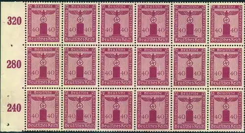 1938, 40 Pfg. Parteidienstmarke m. Wz. im postfrischen 18-er-Block (234,- ME)