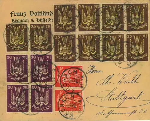 1923, Firmenbrief ab "KRONACH 12. JUL 23" mit 16 "Holztauben" (Mi 218 (2), 236 (4), 237 (10)