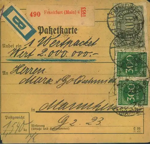1923, frankierte Paketkarte für ein Wertpaket über 2 Mio ab "FRANKFURT (MAIN) 27.7.23"