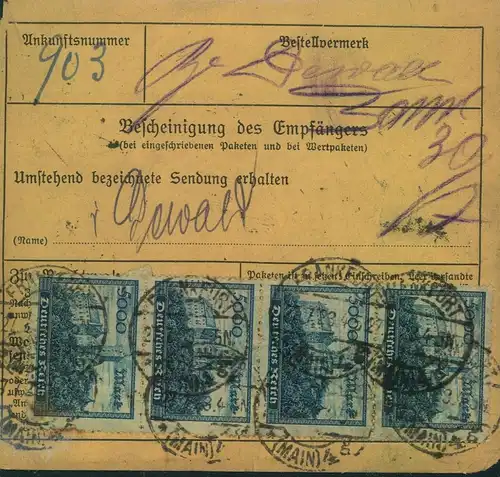 1923, frankierte Paketkarte für ein Wertpaket über 2 Mio ab "FRANKFURT (MAIN) 27.7.23"