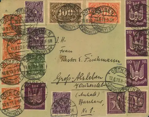 1923, Brief ab CÖTHEN (ANHALT) 13.8.23 mit umfangreicher Aufbrauchsfrankatur vorder- und rückseitig
