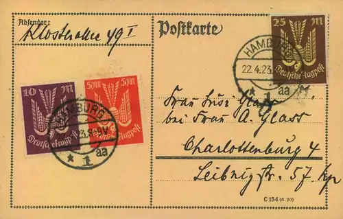 1923,Postkarte mit Holztaubenfrankatur ab HAMBURG 22.4.23 (Michel 218,236,237)