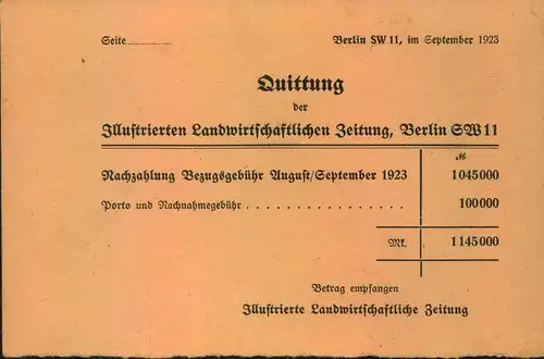 1923, Nachnahmekarte für Zeitungsabo ab BERLIN SW 25.9.23 nach Gross Kiesow b. Züssow