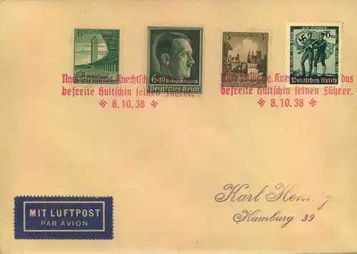 1938, Luftpostbrief mit Befreiungsstempel HULTSCHIN