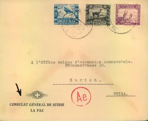 CONSULAT GENERAL DE SUISSE in La Paz, BOLOVIEN, deutsche Zensur (Durchlaufstempel)