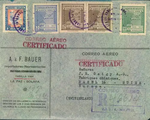 1946, BOLVIA, registered letter to Basel - see scan