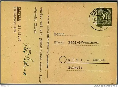 1947: Auslandskarte mit EF 30 Pfg. Ziffer ab KREFELD in die Schweiz.