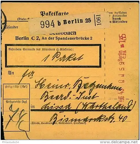 1943: Selbstbucher-Paketkartens tammteil mit Registrierkassenstempel BERLIN C 25. Nicht häufig.