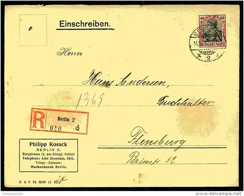 Germania, 1912, Einschreiben, Einzelfrankatur, BERLIN C 2