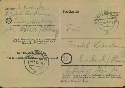 1945, seltene Behelfsganzsache P 746 ab NIEBÜLL (SCHLESW.)mit Ausgabestempel LECK (SCHLESW)