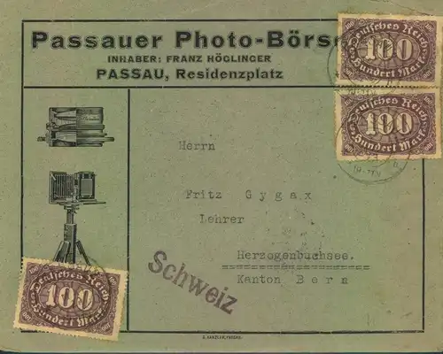 1923, PAASAUER PHOT-BÖRSE, Drucksache in die Schweiz