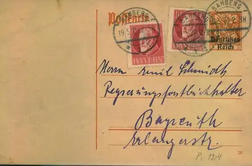 1920, Mischfrankatur Bayern/Deutsches Reich NÜRNBERG 19.5.20