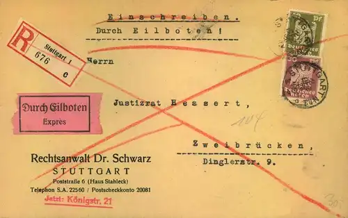 1925, Einschreiben/Eilboten ab STUTTGART