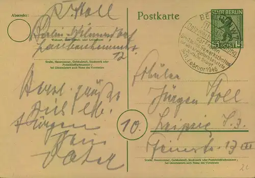 1945/46, 6 Ganzachenkarten Berliner Bär, meist BERLIN-Stempel