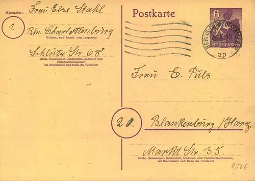 1945/46, 6 Ganzachenkarten Berliner Bär, meist BERLIN-Stempel