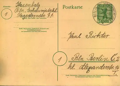 1945/46, 6 Ganzachenkarten Berliner Bär, meist BERLIN-Stempel