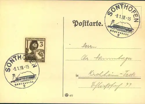 1938, SONTHOFEN - Ordensburg; seltener Ortswerbestempel