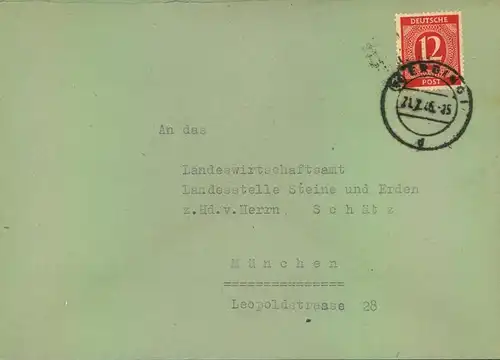 1946, Fernbrief mit Frühverwendung 12 Pfg. Ziffer - ERDING 21.2.46