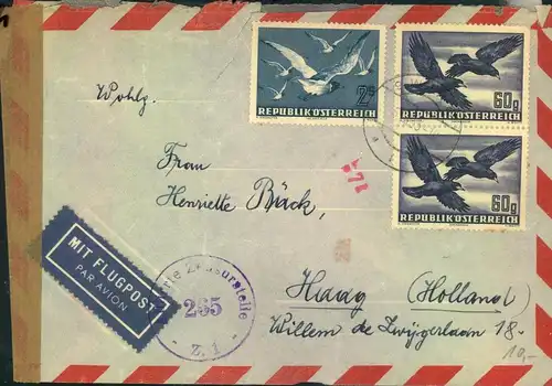 1953, Luftpostbrief mit Vögel-Frankatur nach Holland