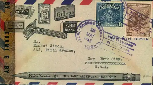 1943, superb advertising airmailcover from EL SALVADOR to USA, censor
