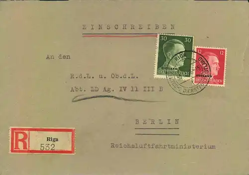 1942, Einschreiben ab RIGA an Reichsluftfahrtministerium in Berlin - Deutsche Dienstpost Ostland