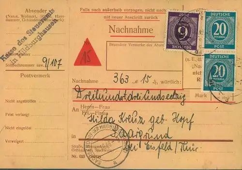 1946, Nachnahmekarte mit 6 und 2-mal 20 Pfg. Ziffer ab HIDLBURGHAUSEN