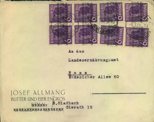 1948, Doppelbrief mit 8-mal 6 Pfg. Bandaufdruck ab BERGISCH-GLADBACH 6.7.48