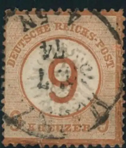 1874, 9 auf 9 Kreuzer  gestempelt, links nachgezähnt. Michel 600,-,günstiger Kückenfüller