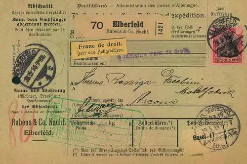 1914, Paketkarte ab ELBERFELD nach Ascona mit EF 80 Pfg. Germania Fridensdruck