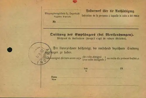 1914, Paketkarte ab ELBERFELD nach Ascona mit EF 80 Pfg. Germania Fridensdruck