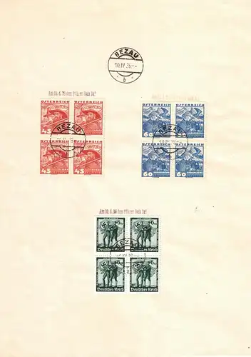 1938, OSTMARK, 1 bis 60 Groschen Trachtenserie im Viererblock "BEZAU 10.4.38" - "Am 10.4.38 dem Führer Dein Ja!"