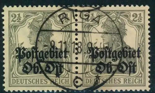 OBER OST, 2 Pfg. Germania, matter Aufdruck im waagerechten Luxuspaar zentrisch gestempelt RIGA. Geprüft Hay BPP (1 b)