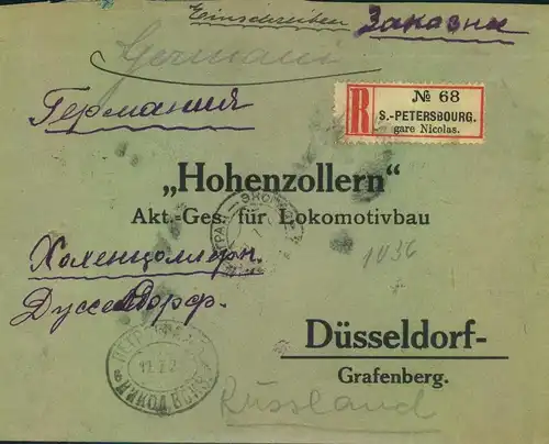1922, registered letter with french "R" label "S. PETERSBOURG -gare Nicolas" to Germany