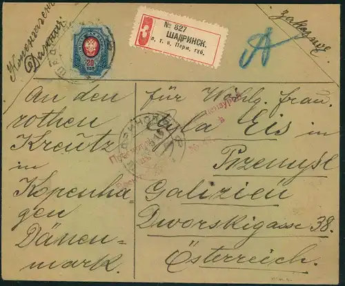 1916, 20 Kop blue/red on registered letter from SCHADRINSK 10.5.16  to Red Coss in Denmark with Russian censor and Ekate