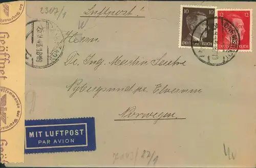 1943, seltene 22 Pfg. Frankatur auf Luftpost zum "Europaporto" ab DARMSTADT nach Norwegen