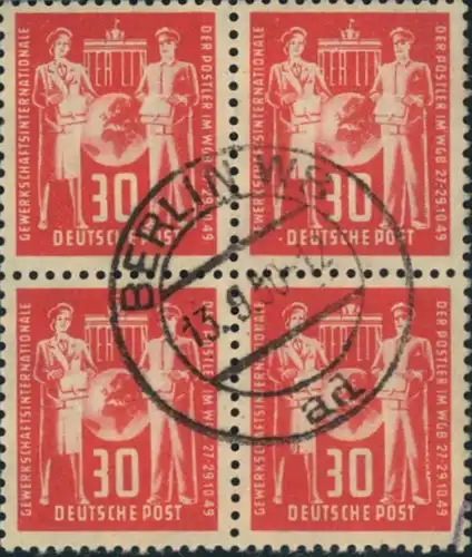 1949, 30 Pfg. Postgewerkschaft in fast zentrisch gestempelten (BERLIN W 8) Viererblock