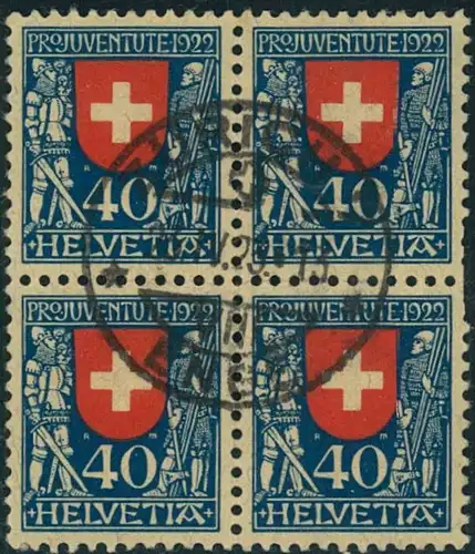 1922, 40 Rp Pro Juventute im Viererblock zentrisch gestempelt "ZÜRICH 23:4:23" - SBK 480,- CHF