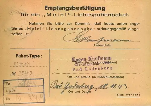 1943, Liebesgabenpaket-Bestätigung aus BAD GODESBERG nach Wien