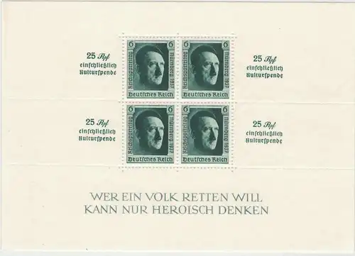 1937, Reichsparteitagsblock postfrisch. - Mi.-Nr. Block 11, 320,- günstig
