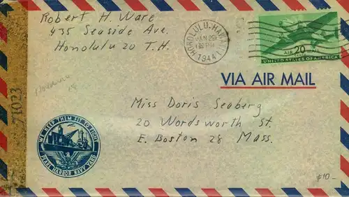 1944, censored airmail fro HONOLULU to Boston with cachet "PEARL HARBOUR NAVY YARD - WE KEEP THEM FIT TO FIGHT"