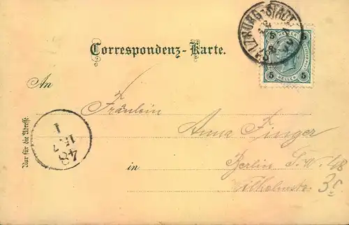 1900, SALZBURG, "Gruss au dem Bräustübl", gelaufen Erh. 1-