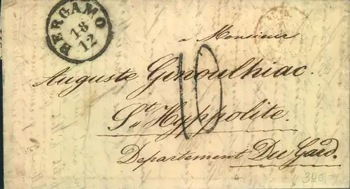 1857, folded letter from "BERGAMO" to St. Hippolite, France witharrival and transitmarks.