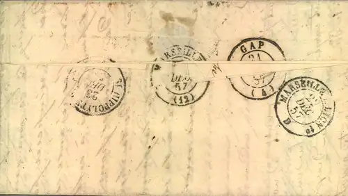 1857, folded letter from "BERGAMO" to St. Hippolite, France witharrival and transitmarks.