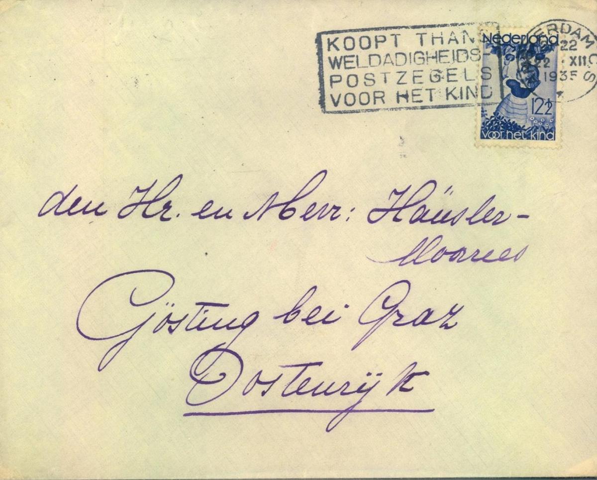 1935, envelope from AMSTERDAM to Austria franked with 12 1/2 C, "Voor